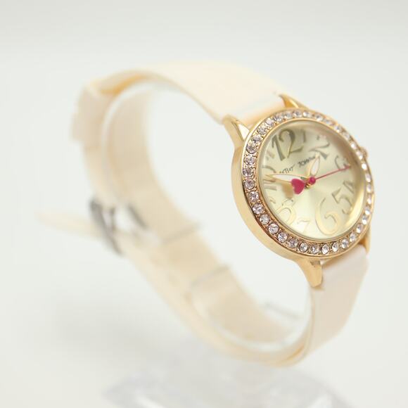 Betsey Johnson Gold Tone 30mm Watch Gem Bezel White Silicone Wrap w New Battery - Picture 6 of 9